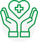 A green and white icon of hands holding a heart.