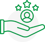 A green and white icon of a person in a hand